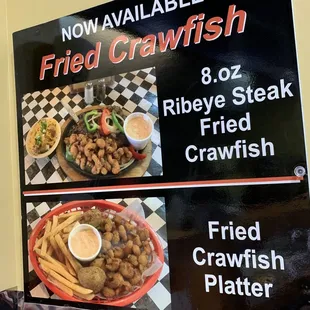 a menu for fried crawfish