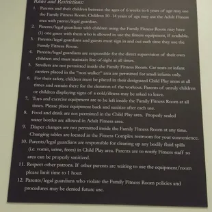 Family Fitness Room rules.