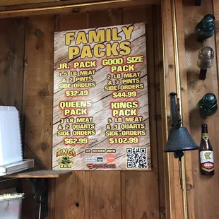 a menu for family packs