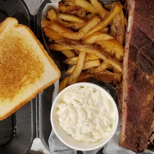 2 meat dinner - ribs, pulled pork, fries, macaroni salad