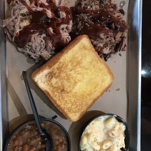 Chopped brisket, pulled pork with baked beans and Mac &amp; cheese