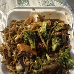 Beef and Beef Broccoli with Lo Mein (amount left over after I ate!).