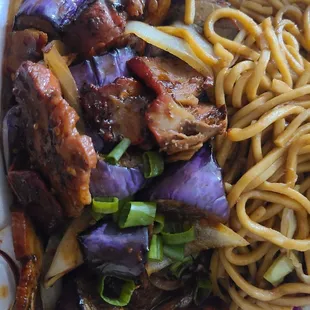 Twice roasted pork in garlic sauce with eggplant and lomein.