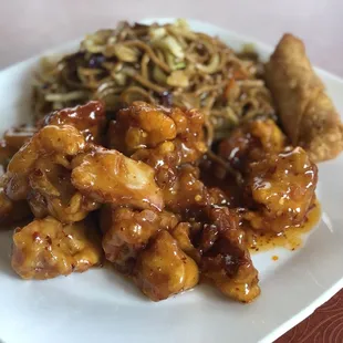 Orange chicken , Lo Mein, egg roll