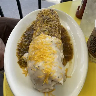 Breakfast Burrito - half gravy, half chile sauce