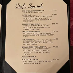 Chef Specials menu
