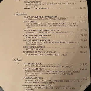 Dinner menu
