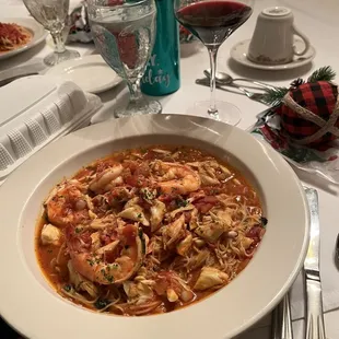 Chef special- Angel Hair Pasta with Crab meat and Shrimp with Tomato sauce and White wine.