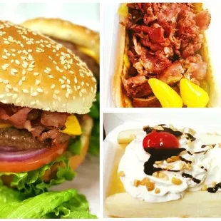 Pastrami burger, pastrami sandwich, &amp; banana split