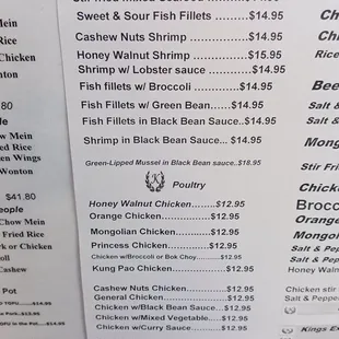 Seafood and poultry menu