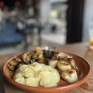 Shrimp &amp; Scallop Combo with Garlic Mashed Potatoes and Brussel Sprouts