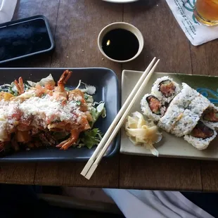 Awesome shrimp taquitos and sushi.