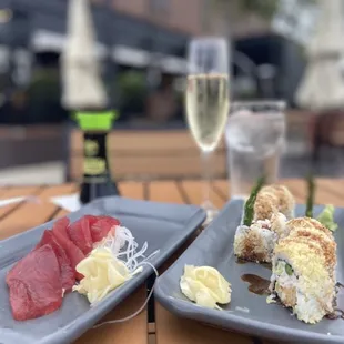 Tuna sashimi and crunchy lobster rolls.