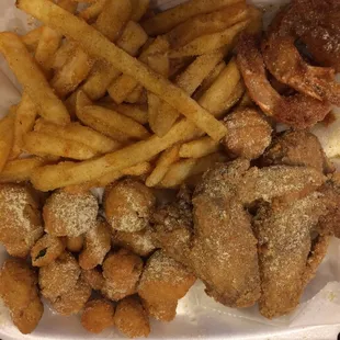 Wings, shrimp, fries, okra