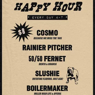 Happy hour menu. Pitcher is a great deal.