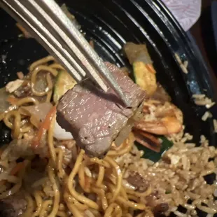 NY strip cooked well (requested mid-rare)