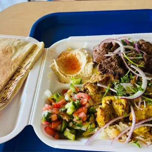 Nice serving with 2 sides, pita and 2 types of meat.