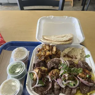 Combo Plate chicken, beef, lamb with  Spicy Potato Baba Ghanoush