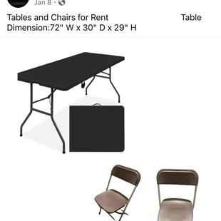 Table and Chairs for rent.