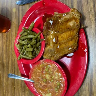 St Louis ribs, Brunswick stew, and green beans