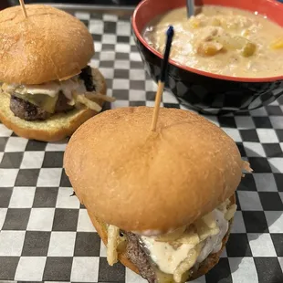 Creamy French Onion Mini Burgers with a side of delicious soup