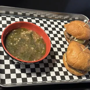 The mini burger with the choice of soup. Fries and salad are the other option