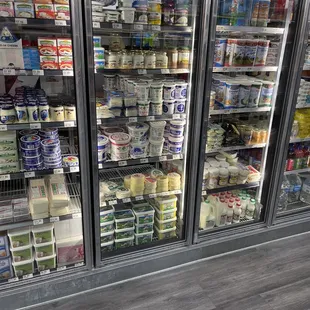 Large selection of Egyptian, French, Iranian, Lebanese cheeses and yogurt.