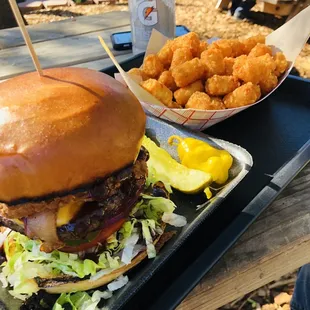 BBQ Bacon Burger with a regular order of Tots