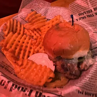 hamburger and seasoned fries