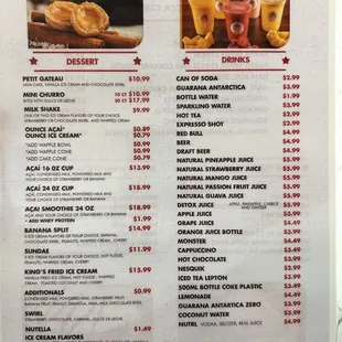 Menu: desserts and drinks.