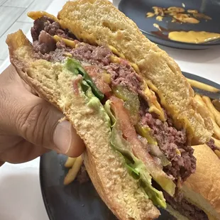 Double cheeseburger, medium-rare.