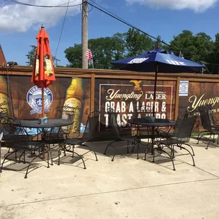 tables and umbrellas outside