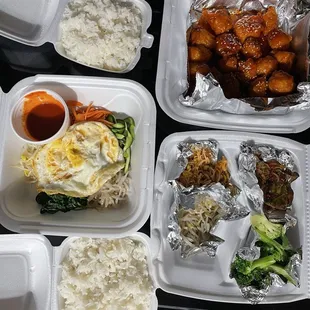 Deep fried chicken with garlic sauce and Bibimbap