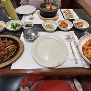 Pork Bulgogi, ddukbokki, dol sot bibim-bop, yakki kyoka and banchan