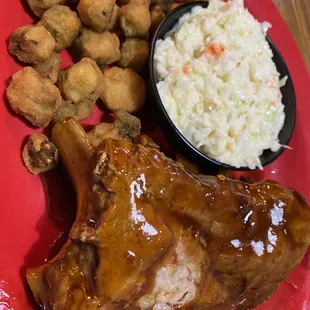 St. Louis ribs with fried okra and slaw