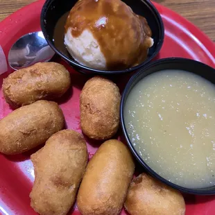 Corn dogs mash potato and apple sauce