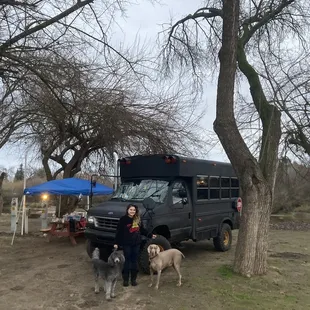 Site 20 with our dogs and rig When a site is rented they turn on the light for you. See how 19 wasn't lit up.