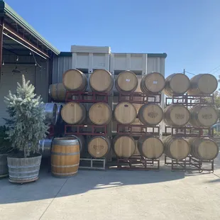 barrels stacked on a rack