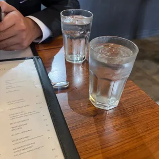 a menu and two glasses of water