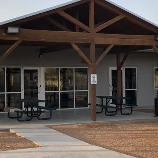 Picnic tables under the shade.