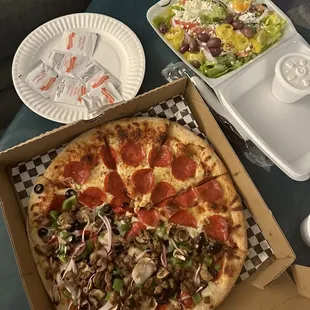 Half pep half supreme with a Greek salad