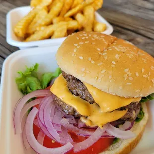 cheeseburger and fries