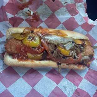 Veggie dog w/ peppers &amp; onions &amp; Ketchup