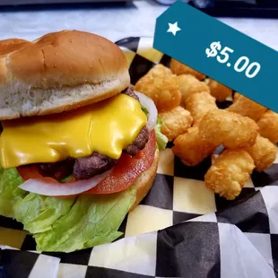 9/7 five dollar Friday special 
Our small cheeseburger with a small order of tater tots...$5.00