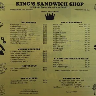 Kings menu 11/3/19