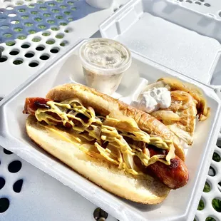 "Plate" (sausage, pierogis and potato salad)
