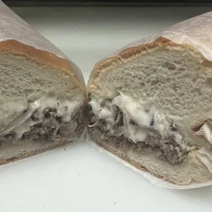 Philly cheesesteak, mayonnaise and cheese