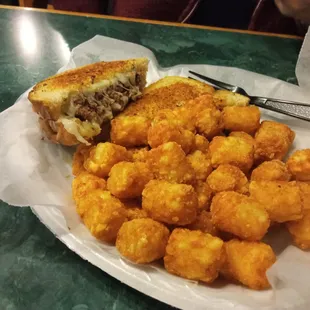 Patty melt with GREAT tots