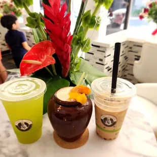 Fresh sugarcane, fruit tea, and boba milk tea.