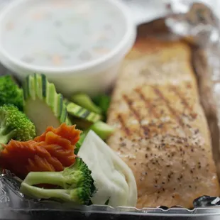 salmon, broccoli, and a side of soup